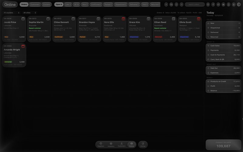 Dark mode: the Online screen with order cards