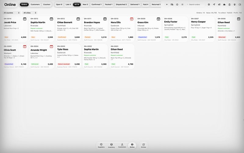 TallyMate for Mac: online orders as cards with status labels