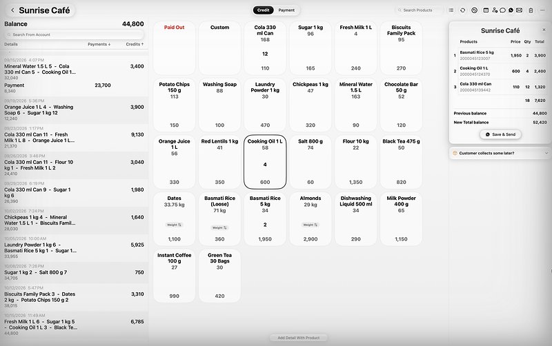 TallyMate for Mac: the account of Sunrise Café with a receipt for three products and the new total balance of 52,420