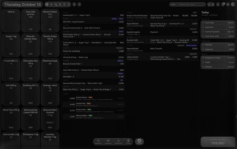 Dark mode: the Entries screen with product boxes and today’s figures